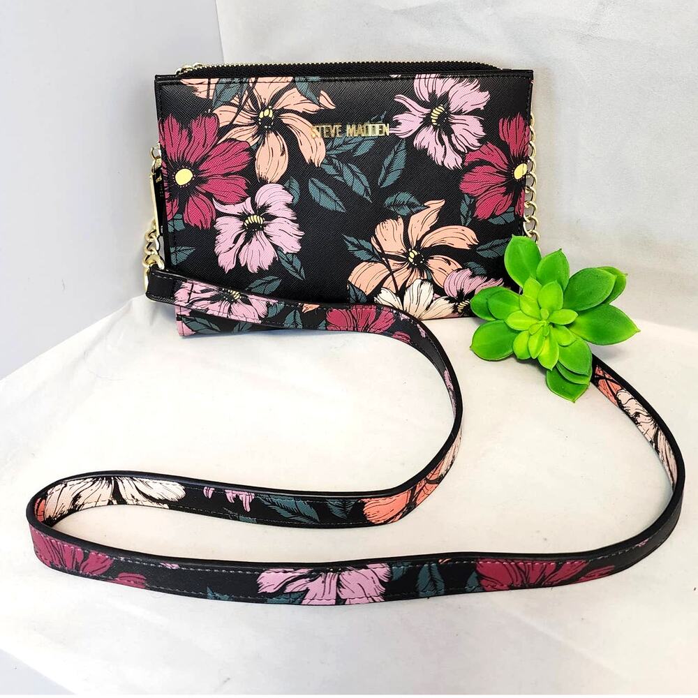 Steve Madden Black Floral Crossbody Bag with Chain Strap